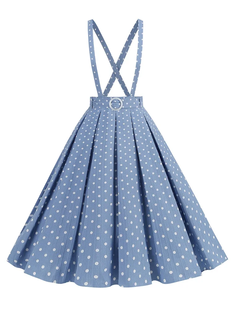 

2024 Preppy Style Vintage Suspender Skirts for Women Polka Dot Print 1950s Style Office Casual Summer Pleated Midi Skirt Belted