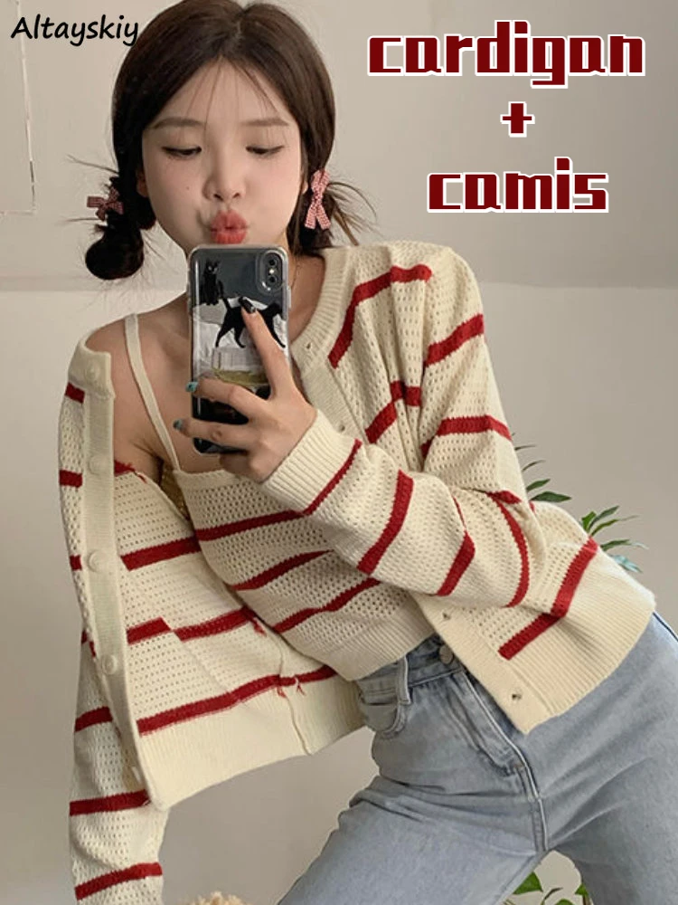 

Women Sets Hotsweet Striped Long Sleeve Cardigan Crop Tops Camis Streetwear Knitted Spring Fashion Ulzzang Students Ins