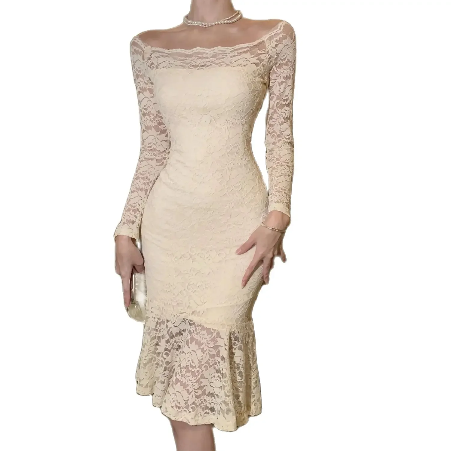 2023 Autumn Elegant Lady Lace Dress Shoulderless Sexy Slim Hips Female Fishtail Dress Long Sleeve Women's Trumpet Mermaid Dress
2023 Autumn Elegant Lady Lace Dress Shoulderless Sexy Slim Hips Female Fishtail Dress Long Sleeve Women's Trumpet Mermaid Dress