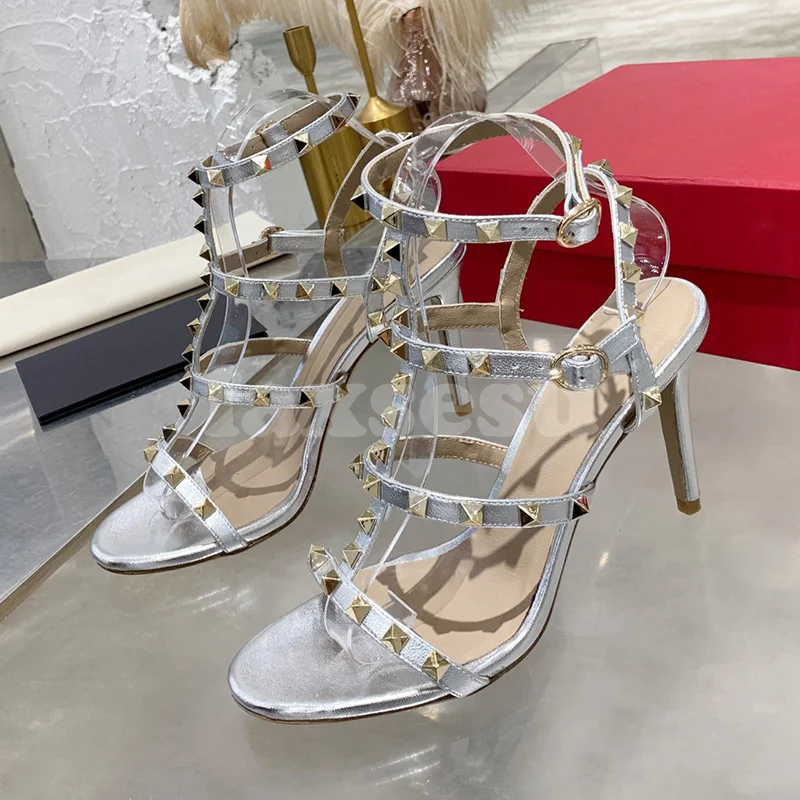 

Summer New Female High Heels Sandals Peep Toe One Character Strip Design Metal Rivet Decor Women Shoes Elegant Fashion Sandals