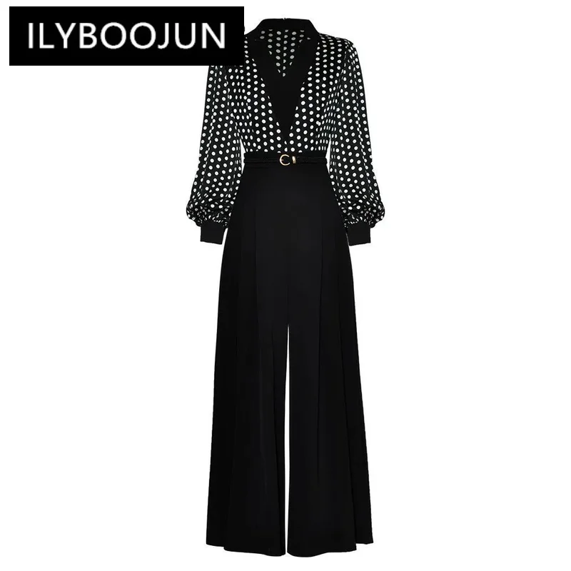 

ILYBOOJUN Summer Fashion Designer New Jumpsuits Women Polka Dot Print V Neck Pocket Lantern Sleeve Commuter Office Jumpsuits