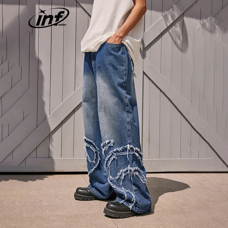 

INFLATION Blue Patchwork Distressed Fringe Jeans Men Designer Straight Leg Denim Trousers