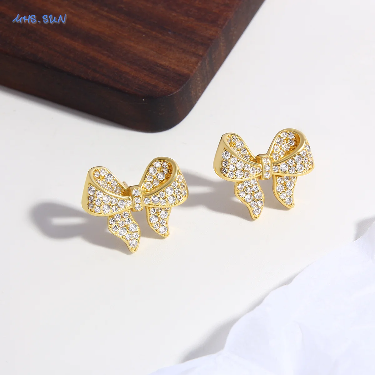 

SUNSLL 18K Really Gold Plated Bow Stud Earrings Bling Inlaid Cubic Zircon Bowknot For Women Girl Luxury Party Jewelry Gift