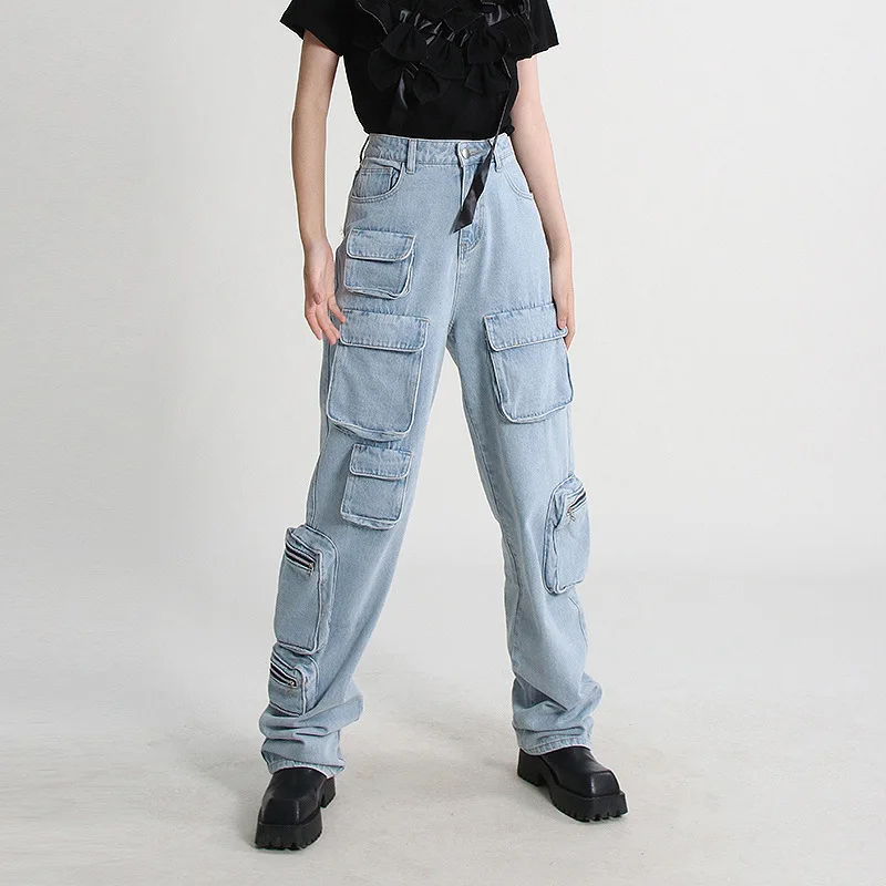 

American New Heavy Industry Multi-Pocket Washed Cargo Pants Women Y2K Vintage High-Rise Loose Oversized Straight-Leg Baggy Jeans