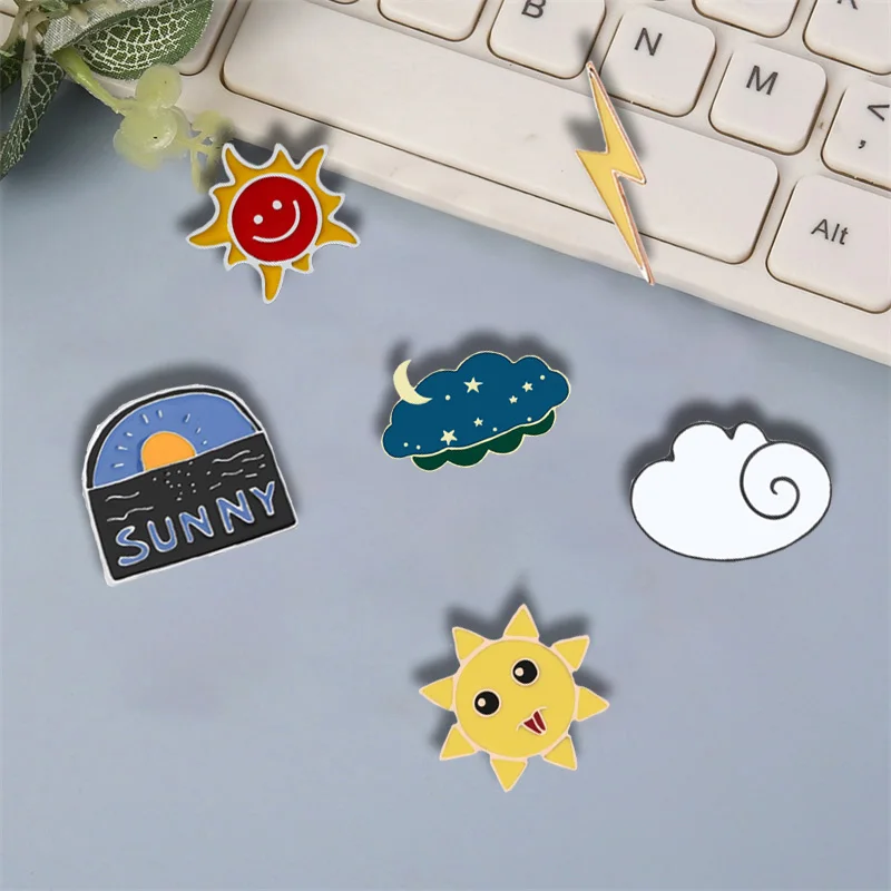 Weather Icon Pins Sea Sunrise Moon Star Night Brooches Smile Sun Lightning Cloud Enamel Pin Clothes Badges Jewelry Gift for Kids
Weather Icon Pins Sea Sunrise Moon Star Night Brooches Smile Sun Lightning Cloud Enamel Pin Clothes Badges Jewelry Gift for Kids