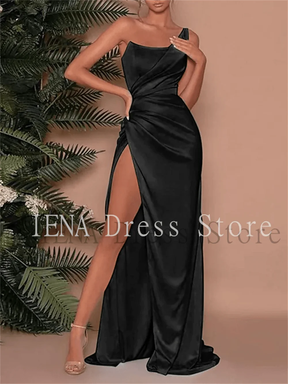 

14416#IENA Black Merdelan Sexy High Side Slit Formal Evening Dress Maxi Prom Dress Strapless Sleeveless Court Train Satin Gown