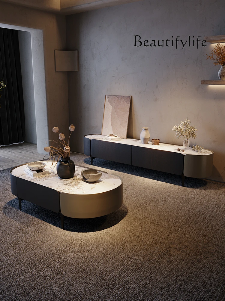 

Italian-Style Light Luxury Rock Plate Tea Table TV Cabinet Combination Modern Retro Small Apartment Living Room TV Cabinet