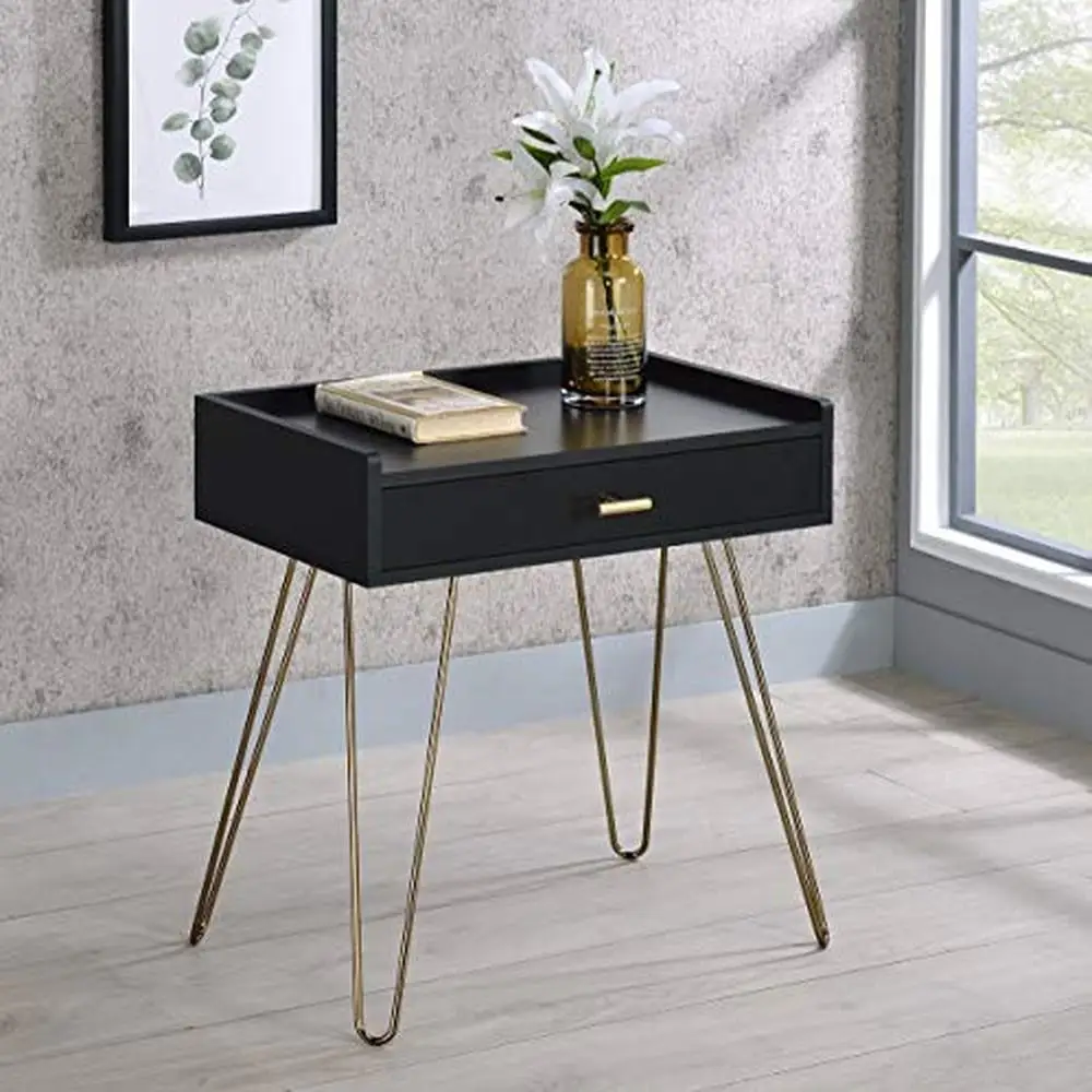 

Wood Storage End Table with Gold Tone Handle and Hairpin Legs Black Finish 22"W x 14"D x 24"H Modern Rectangular Design Durable