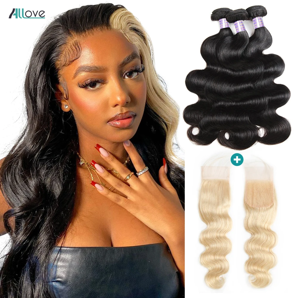 

Allove Bundles With Closure 613 Blonde Lace Closure With Body Wave Bundles Brazilian Remy Hair Weave 3 Bundles Hair Extension