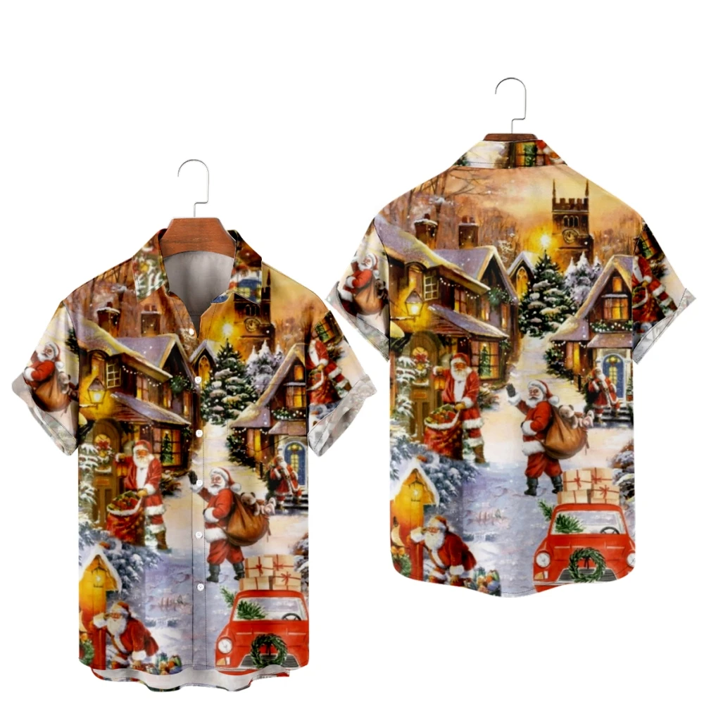 

Hawaiian Shirts for Men Christmas Theme Print Santa Claus Cartoon Short Sleeve Shirts Hawaii Summer Beach Vacation Tops