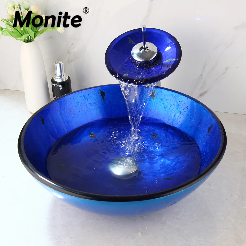 

Monite Blue Hand-Painted Bathroom Washbasin Glass Sink Waterfall Chrome Basin Tap Lavatory Bath Sink Combine Set Mixer Faucet
