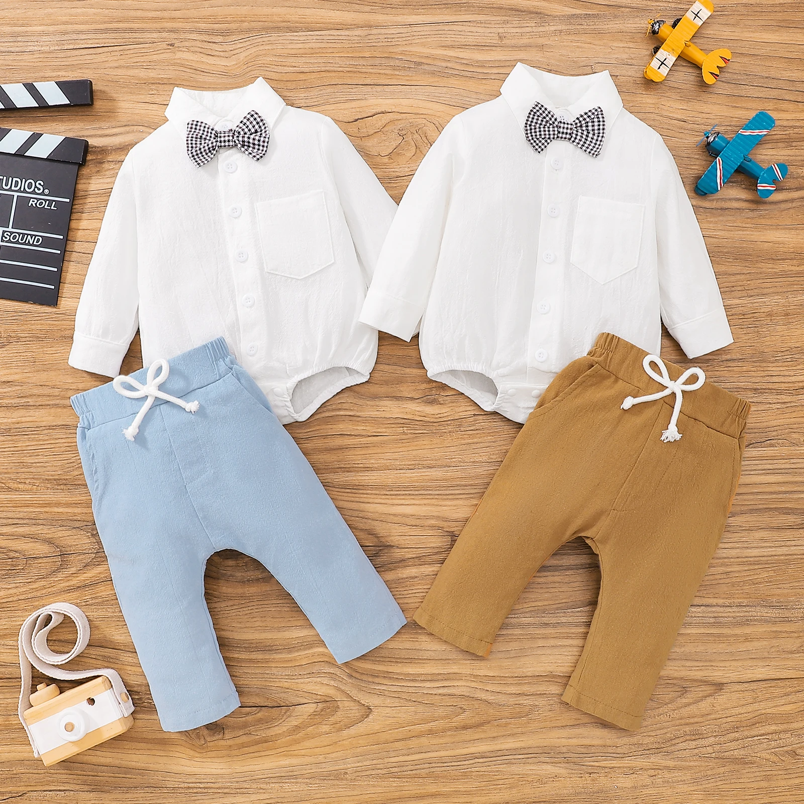 Infant Baby Boys 2Pcs Gentleman Outfit Solid Color Lapel Long Sleeve Shirts Romper with Plaid Bowtie + Elastic Waist Pants Set
Infant Baby Boys 2Pcs Gentleman Outfit Solid Color Lapel Long Sleeve Shirts Romper with Plaid Bowtie + Elastic Waist Pants Set
