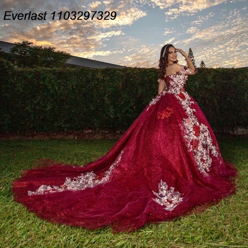 

EVLAST Burgundy Quinceanera Dress Ball Gown 3D Flowers Applique Beaded Long Sleeve Corset Sweet 16 Vestidos De XV 15 Anos TQD695
