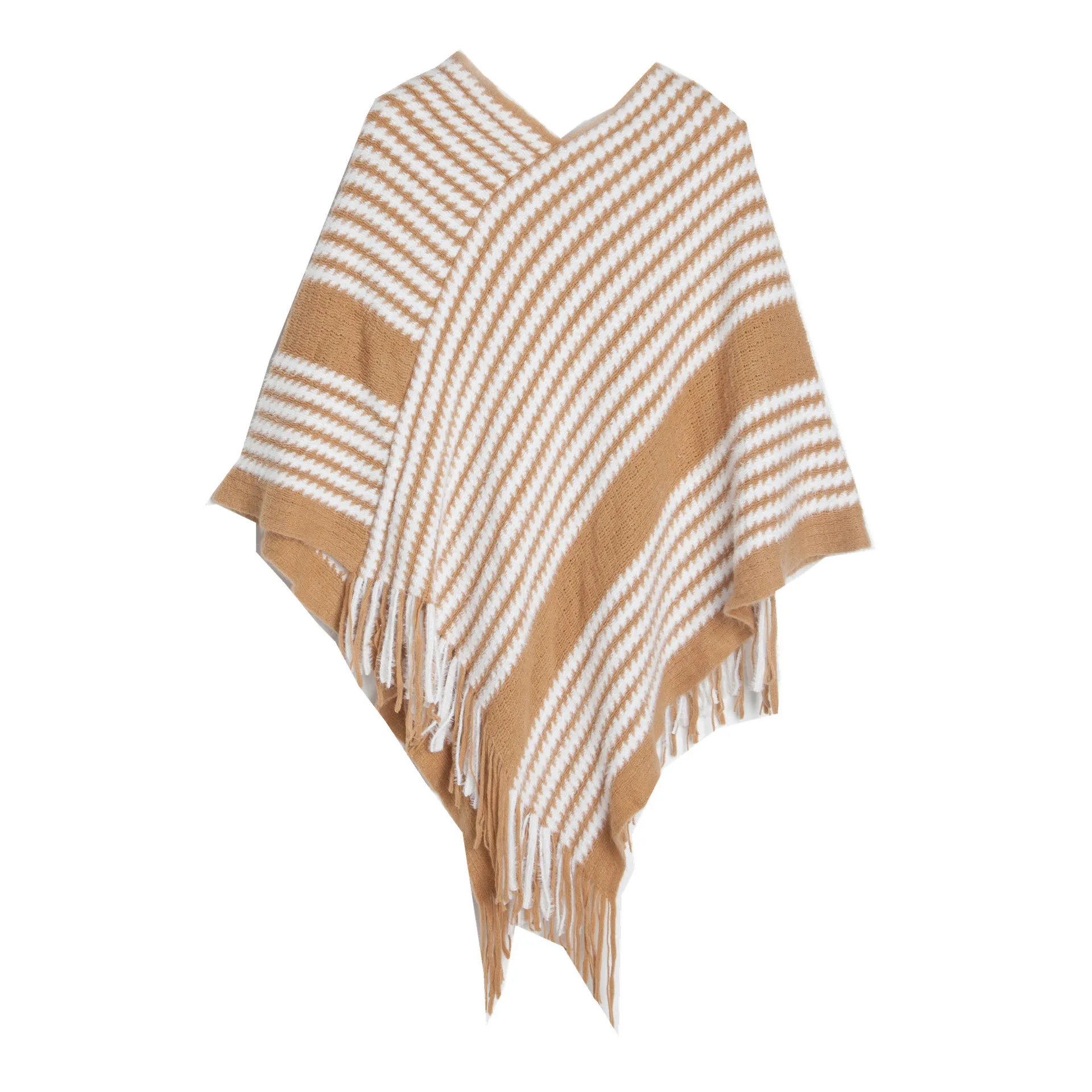 

Europe America Pullover Shawl Autumn Winter Knitwear Stripe Fashion Street Poncho Lady Capes Khaki Cloaks
