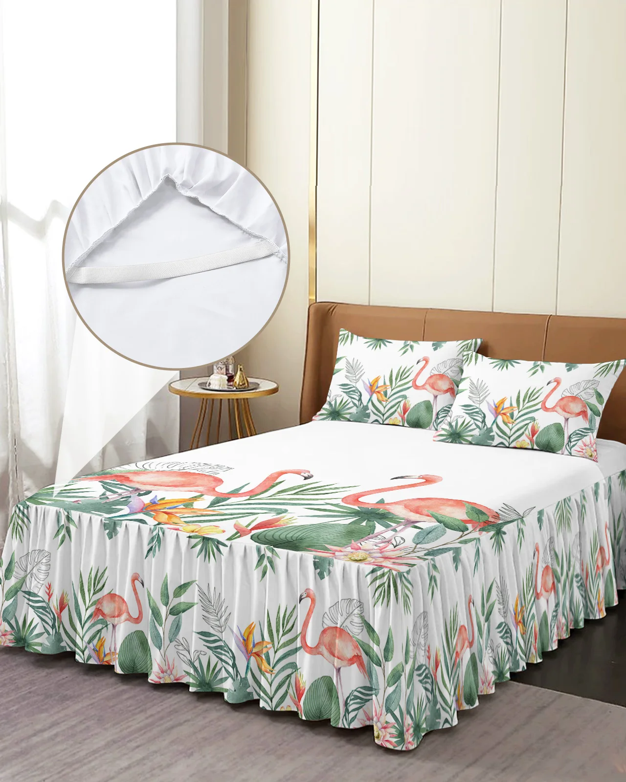 

Ins Style Tropical Plants Flamingos Bed Skirt Elastic Fitted Bedspread With Pillowcases Mattress Cover Bedding Set Bed Sheet