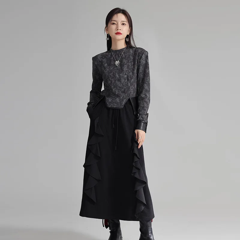 

Женская Асимметричная юбка TNFS, Повседневная Длинная юбка с высокой талией, черного цвета, в стиле пэчворк, 2024