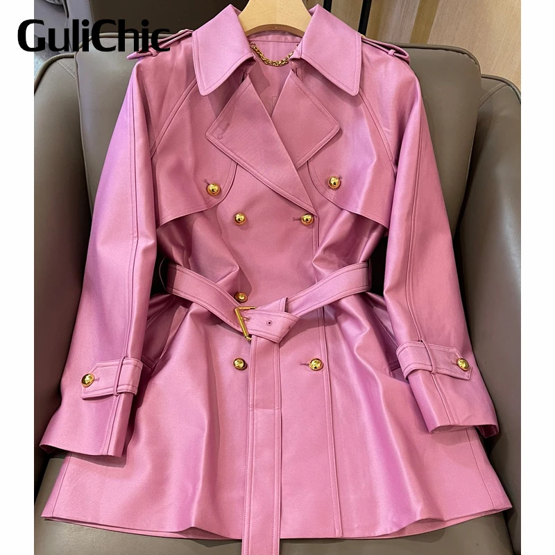 

9.4 GuliChic Women Fashion Lapel Collar Long Sleeve Double Breasted With Belt Epaulet Solid Color Casual Trench Coat
