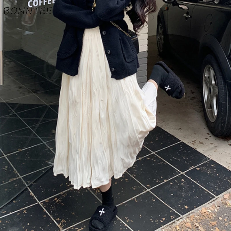 

Женская юбка со складками, шикарная корейская модная популярная однотонная универсальная уличная одежда, удобная повседневная Милая Нежная стильная Весенняя юбка до середины икры