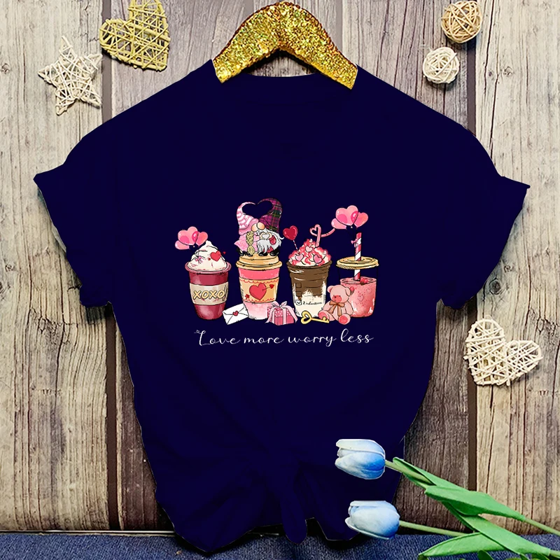 

Women'S Fashion Funny Valentine'S Day Coffee Love More Worry Less Letter Print T Shirt Summer Unisex Loose Casual Plus Size tops