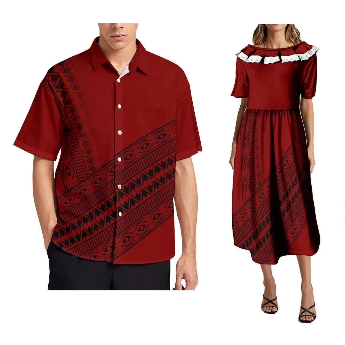 

Polynesia Red Couple Clothing Samoa Tribal Ruffle Bottom Women Long Dress Mumu Hawaii Fashion Men Shirt