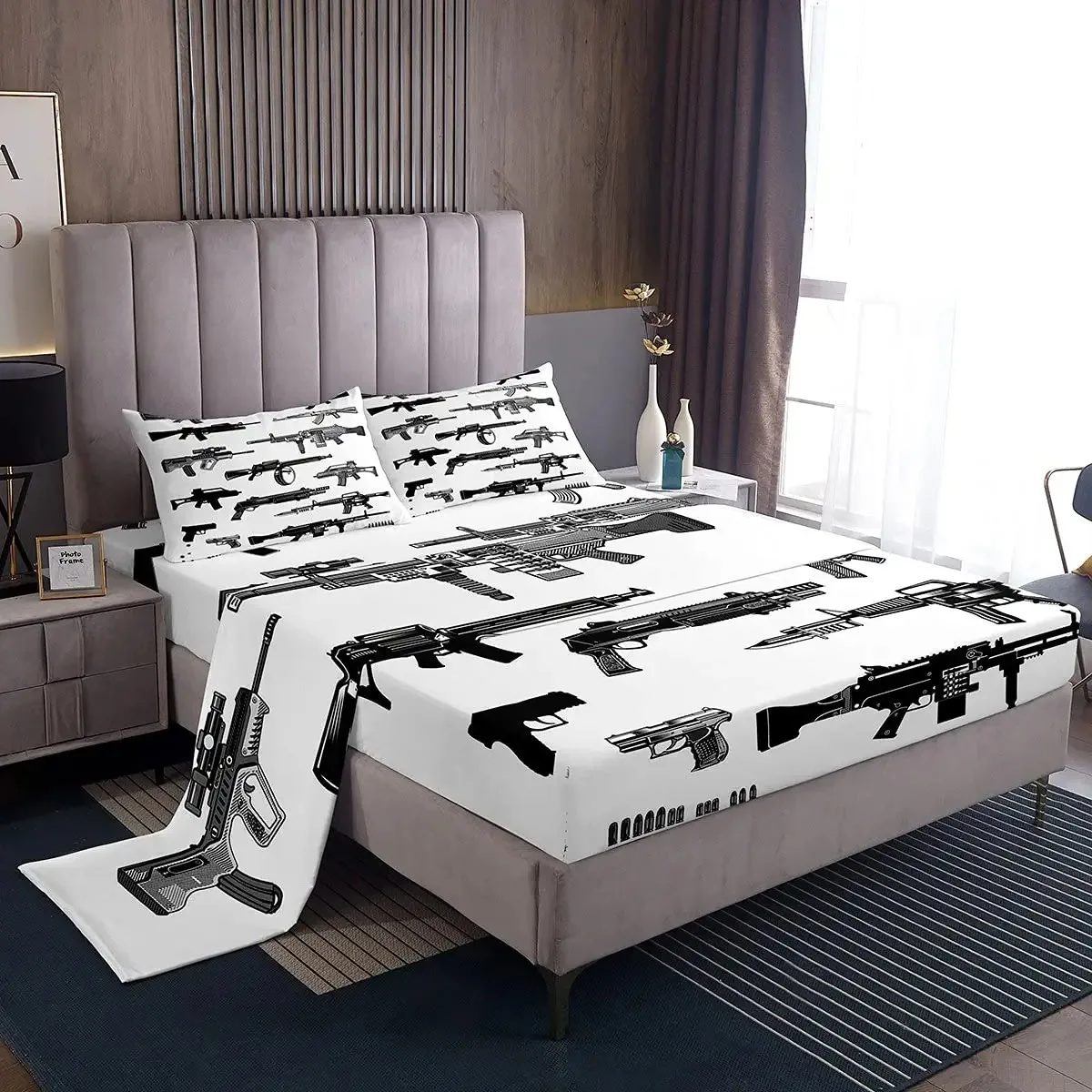 Guns Bed Sheet Set for Boys Teens Sniper Rifle Fitted Bed Sheet Queen Size Bedding Set 1 Flat Sheet & 1 Sheet with 2 Pillowcases
Guns Bed Sheet Set for Boys Teens Sniper Rifle Fitted Bed Sheet Queen Size Bedding Set 1 Flat Sheet & 1 Sheet with 2 Pillowcases