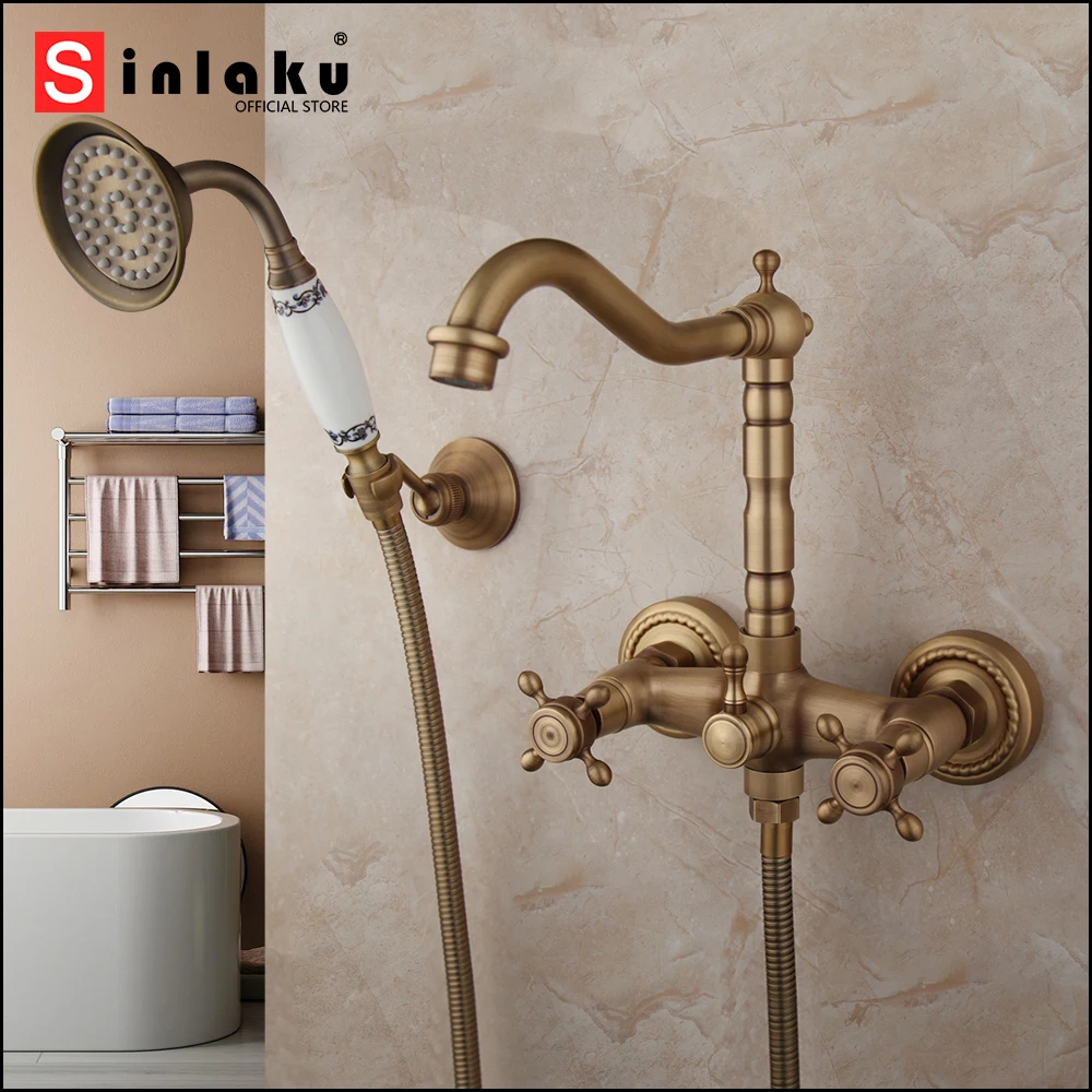 

SINLAKU Bathroom Shower Faucet Set Antique Brass and White Ceramic Retro Dual Handles Faucets Bathtub Tap Hot Cold Water Mixer