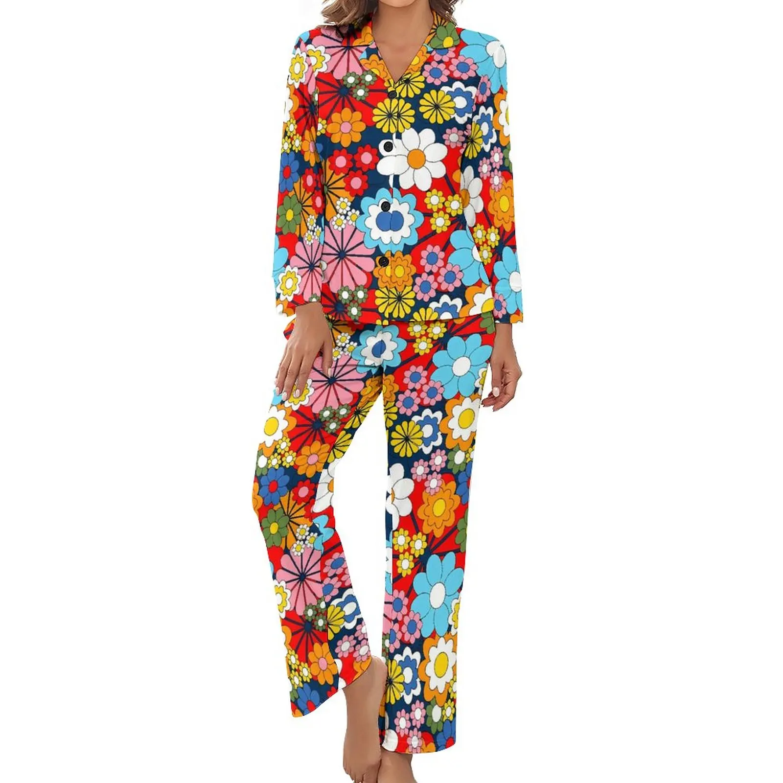 Colorful Floral Pajamas Long Sleeves Retro Flowers Print 2 Piece Casual Pajama Sets Autumn Women V Neck Warm Nightwear
Colorful Floral Pajamas Long Sleeves Retro Flowers Print 2 Piece Casual Pajama Sets Autumn Women V Neck Warm Nightwear