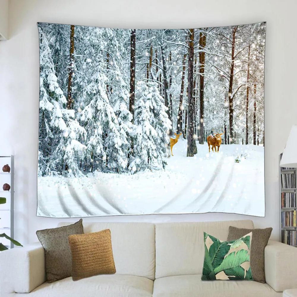 

Merry Christmas Tapestry Deer Wall Tapestry Snow Forest Woodland Winter Nature Landscape Tapestries For Xmas Home Decoration