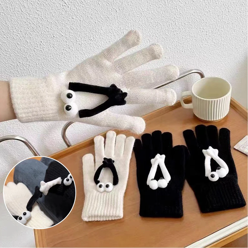 

Мультяшные забавные магнитные притягательные перчатки для глаз парные зимние теплые перчатки для рук Модные Новые Вязаные плотные варежки для девочек