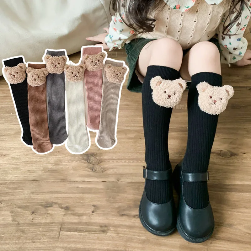 

Plush Bear Children Long Tube Socks Cute Warm Kids Knee High Sock Cotton Girls Solid Color Stockings for 2-8Y