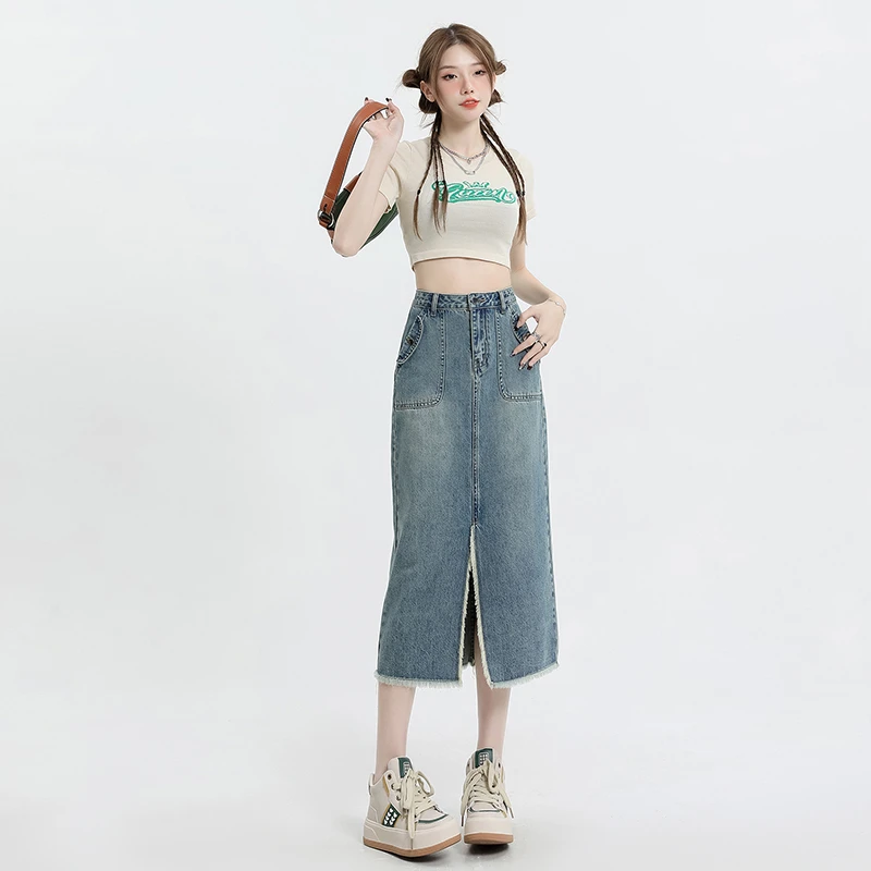 

Real time shooting of high waisted split denim skirt women's blue summer fashion small figure buttocks up skirt