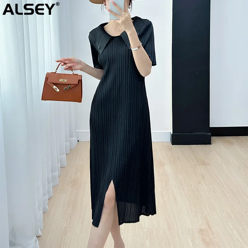 

ALSEY Miyake Women's Pleated Dress Youthful Girl Feeling Solid Color Elegant Aesthetic Lapel Slit Peplum Dress 2024 Summer New