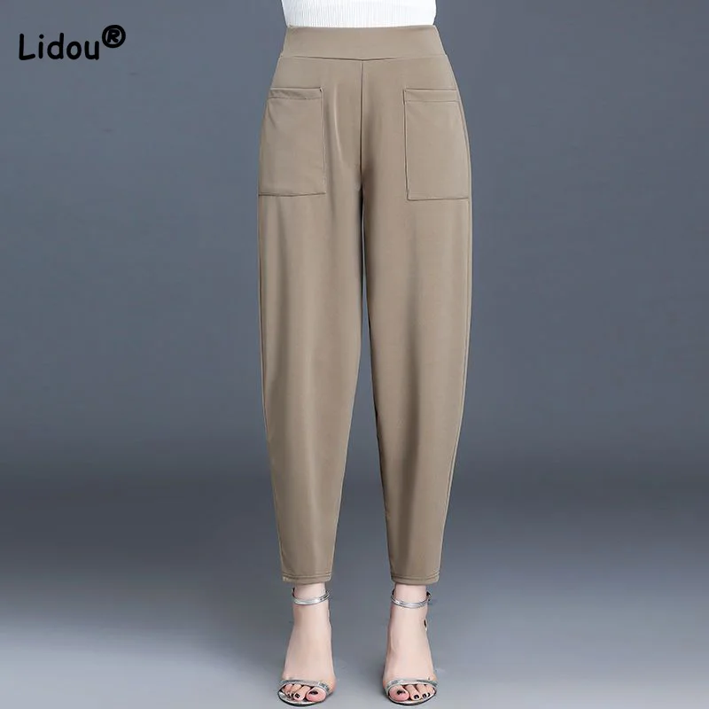 

Seven Points/nine Points Trousers Spring Summer Casual Elastic High Waist Solid Color Double Pockets Womens Bloomers Pants