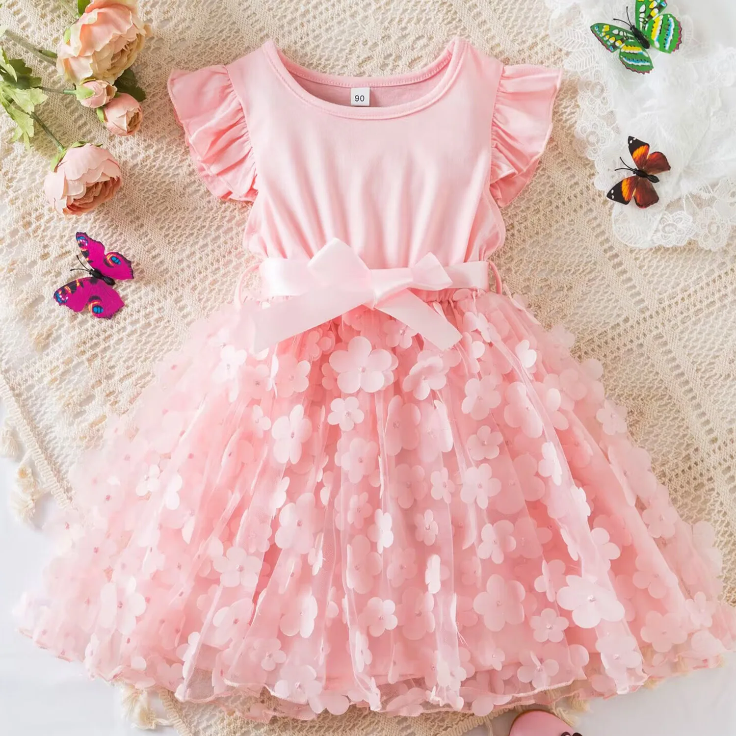 

Летнее платье для детей, повседневная одежда, милое платье принцессы с 3D бабочкой для маленьких девочек, платья для детей 2-6 лет