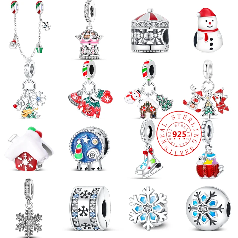 

925 Silver Christmas Collection Charm Fit Original Pandora Charms Bracelet Tree Snowflake Santa Claus Elk Gift Beads DIY Jewelry