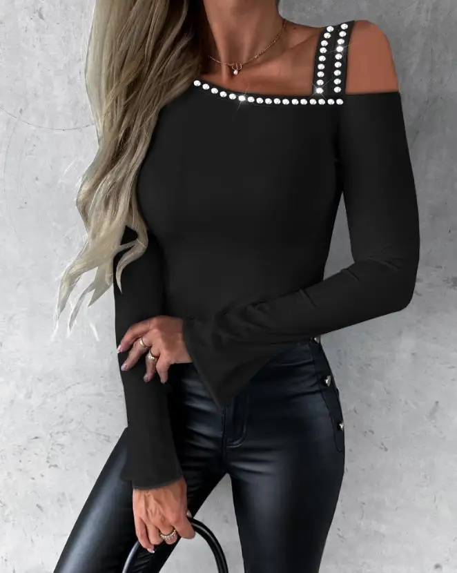 

Blouse Women's Tops Spring Autumn 2023 New Scoop Neck Bell Sleeve Ribbed Top Daily Cold Shoulder Long Sleeve T-Shirt