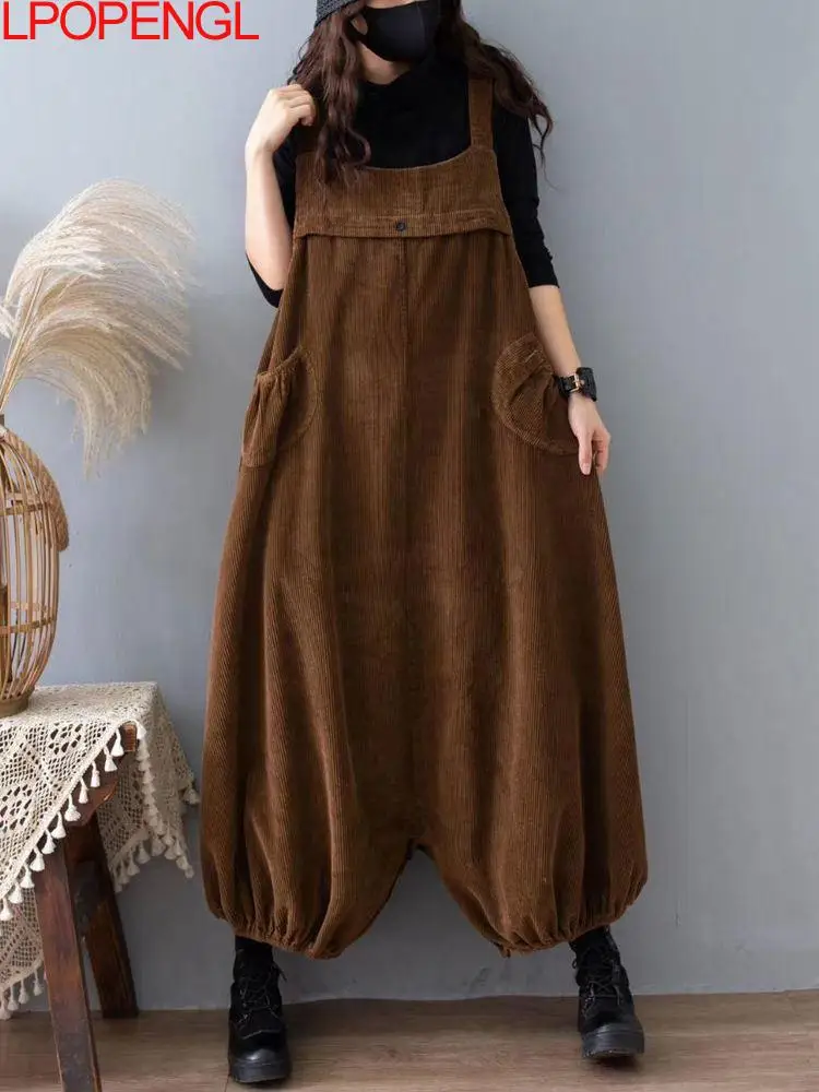

Autumn And Winter New Solid Color Corduroy Oversized Overalls Women's Loose Casual Bloomer Wide Leg Pants One-piece Pants Trend