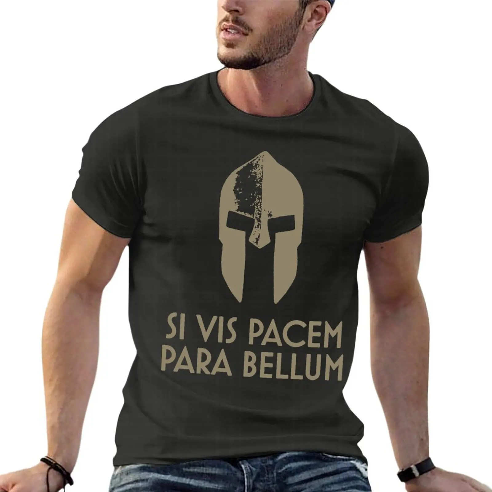 

Spartan Helm Latin Motto Si Vis Pacem Para Bellum Oversized Tshirt Fashion Men'S Clothing 100% Cotton Streetwear Large Size Tops