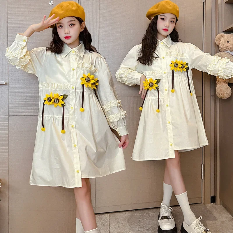 

Teenage Girls Long Shirt Dresses with Sunflower Clothes Ruched New Fashion Irregular Design Autumn Blouses 100% Cotton Costume