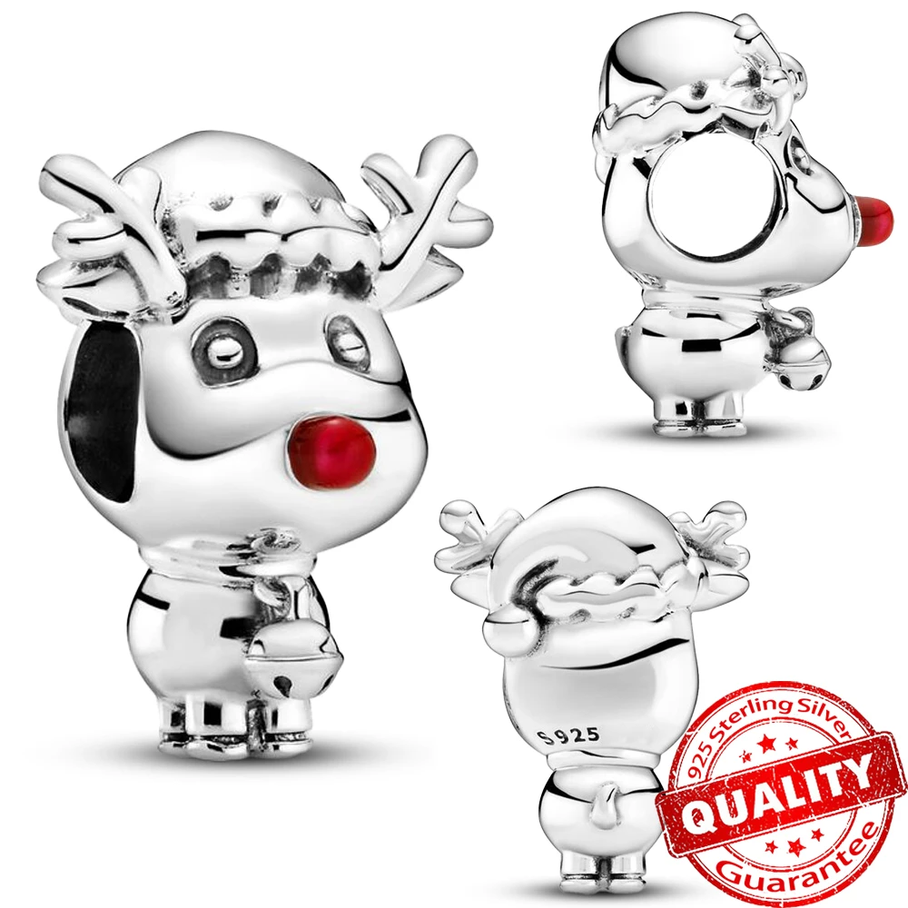 

Real 925 Sterling Silver Red Nose Reindeer Bead Charm Fit Pandora 3mm Bracelet DIY Christmas Jewelry Gift