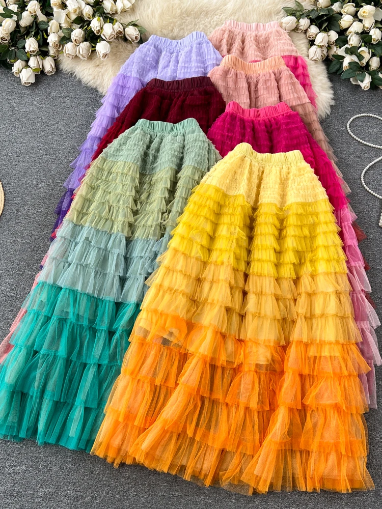 

Women Chic Pleated Asymmetric Gradient Tiered Skirt High Waist Elegant Korean Fashion A-line Skirt Casual Summer Clothing