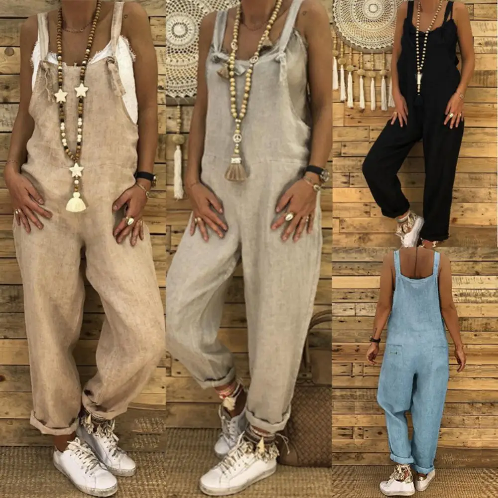 

Women Casual Solid Color Loose Jumpsuit Dungarees Sleeveless Adjustable Straps Bib Overall Cotton Linen Wide Leg Pants Rompers