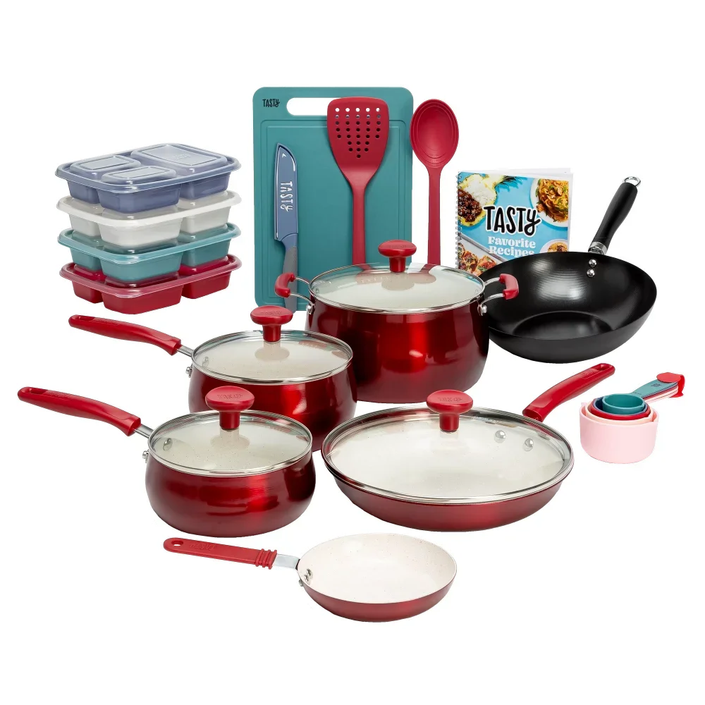 

Andralyn Tasty Clean Ceramic 24 Piece Non-Stick Aluminum Cookware Set, Red cooking pots set pot set