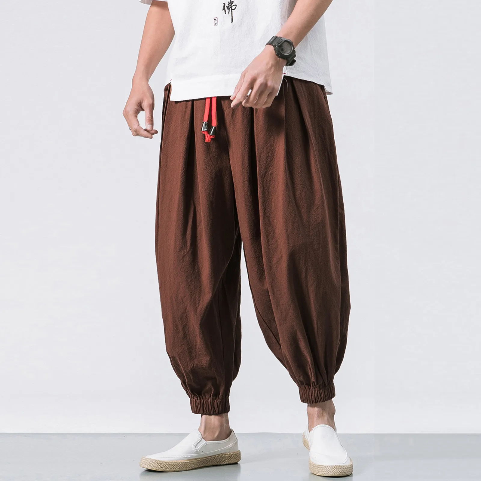 

Шаровары мужские с поясом на резинке, повседневные однотонные штаны свободного покроя, повседневные брюки-султанки, большие размеры, лето