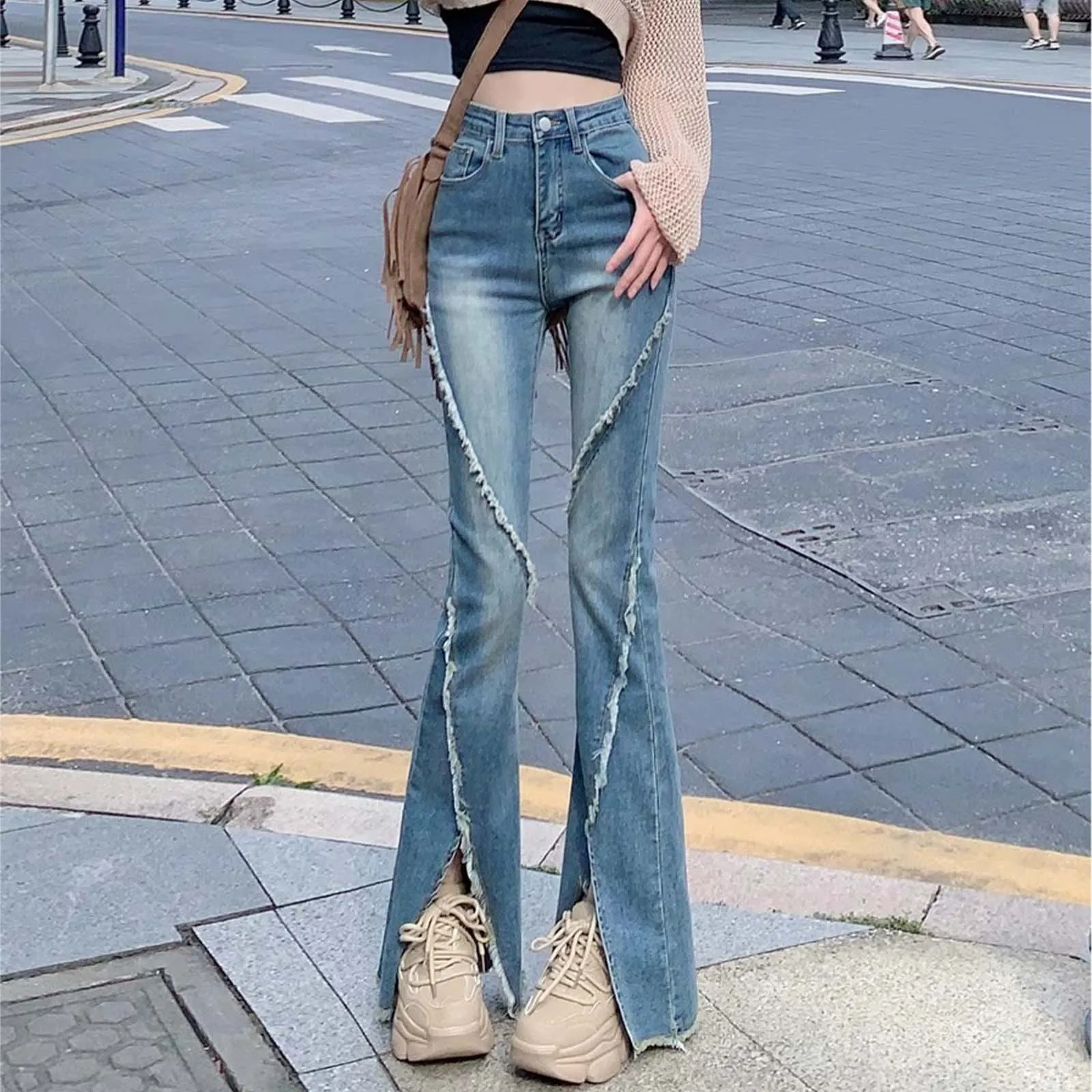 

Women's Flared Jeans Slit Raw Edge High Waist Denim Pants 2024 Retro High Street Bootcut Jeans Korean Fashion Y2K Streetwear