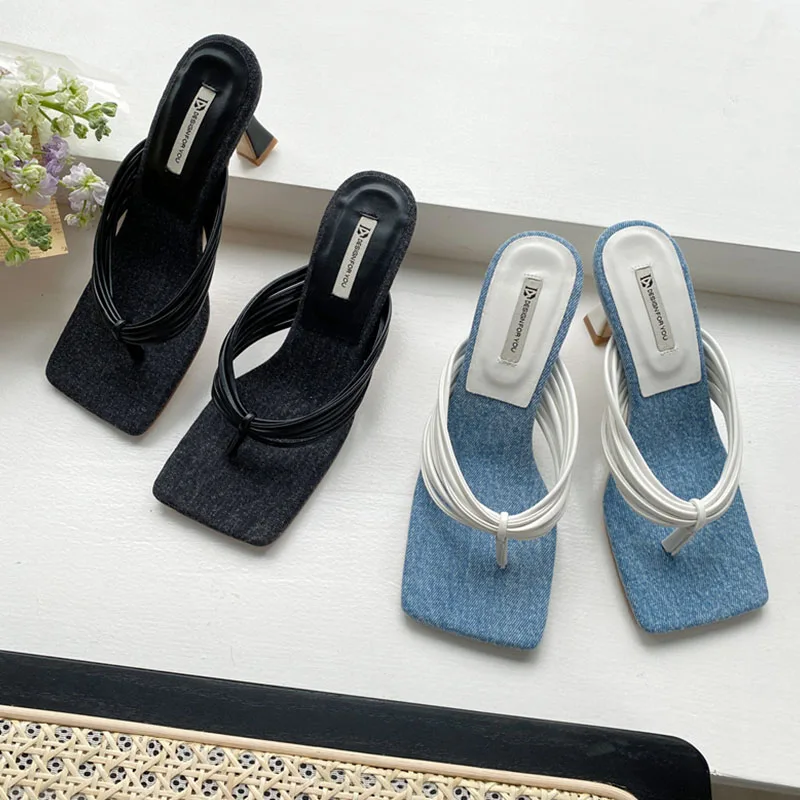 

2022 New Summer Women Blue Slipper Thin High Heel Ladies Elegant Sandal Shoes Narrow Band Weave Slides Black Outdoor Beach Flip