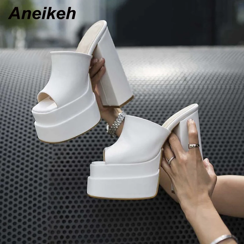 

Aneikeh Shoes For Women Summer Slippers Sexy Rome Platform Square Toe Party Dress Shallow Peep Toe Polka Dot Chunky Heel Black