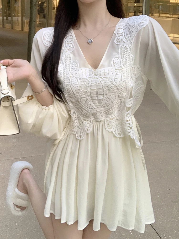 

2023 Spring Beige Embroidery Midi Dress Women Bishop Sleeve One Piece Pleated Short Dresses Korean Fashion Y2k Clothing Design