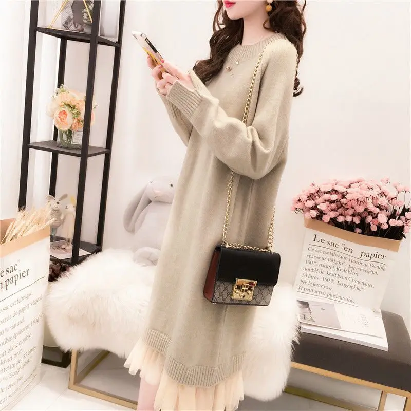Pullover Sweater Dress Female 2023 Autumn and Winter New Woolen Dress Bottom Loose Dress Mid length Lace Knitted Women Sweater
Pullover Sweater Dress Female 2023 Autumn and Winter New Woolen Dress Bottom Loose Dress Mid length Lace Knitted Women Sweater