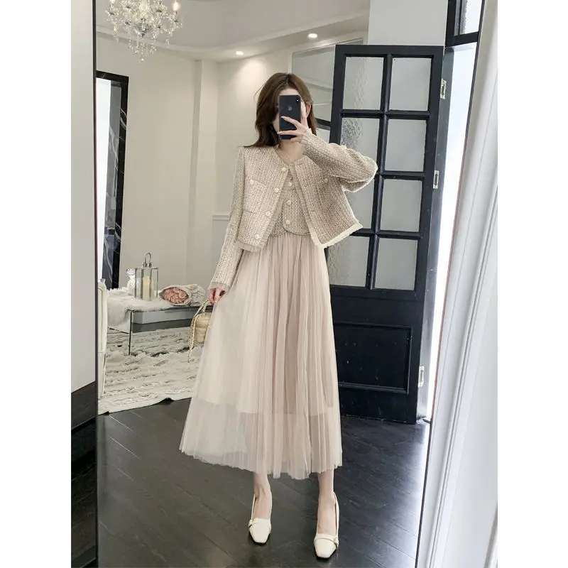 

Autumn New Temperament Celebrity Style Waffle Waist Short Coat Mesh Pleated Slip Skirt Two Suits Women Dresses Sets